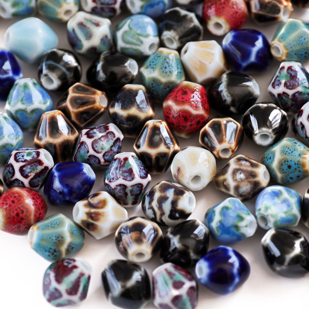 бусина, керамика "антик", биконус граненая. цветовой микс, 11.5x10 мм 