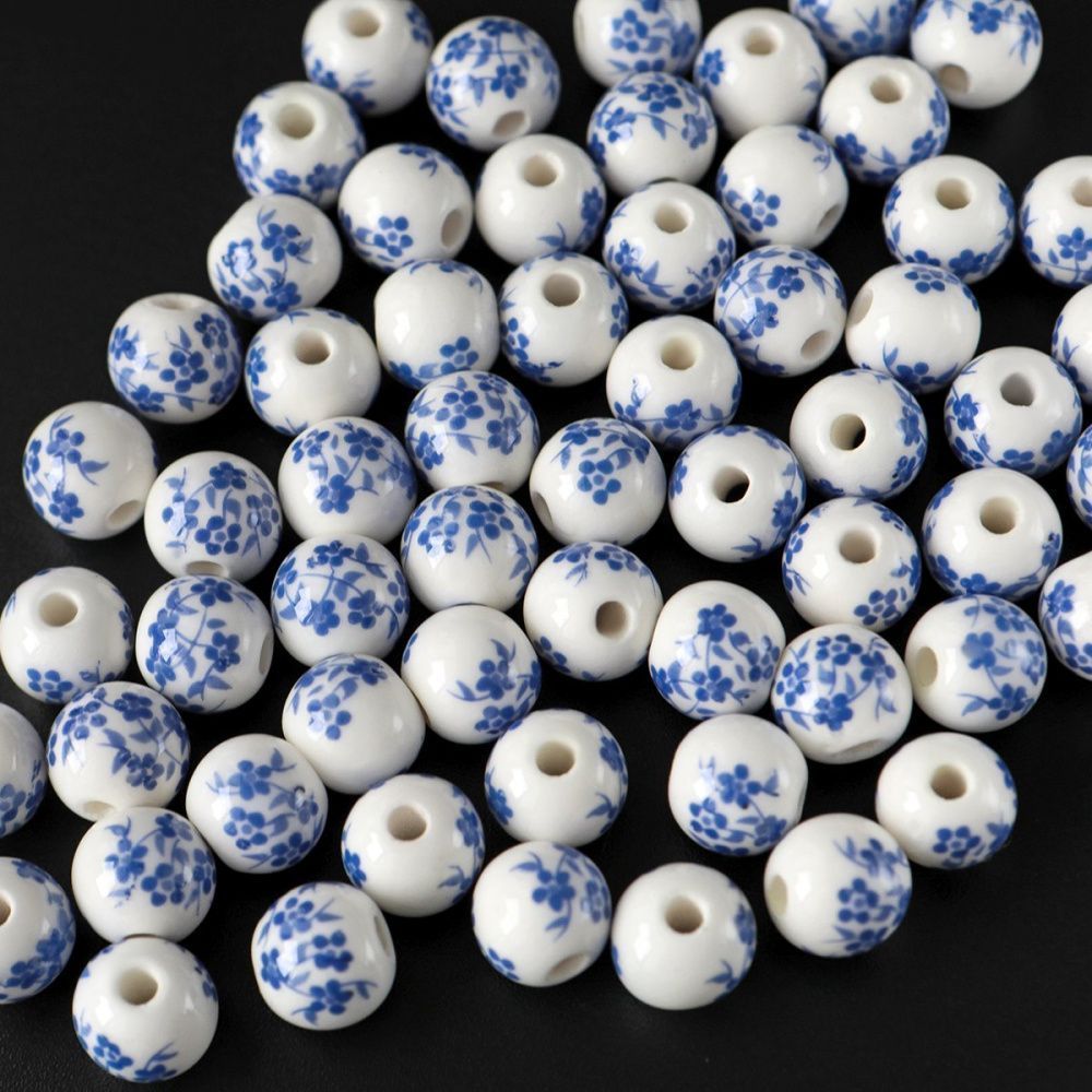 бусина, керамика "сакура", цвет бело-голубой, 10 мм