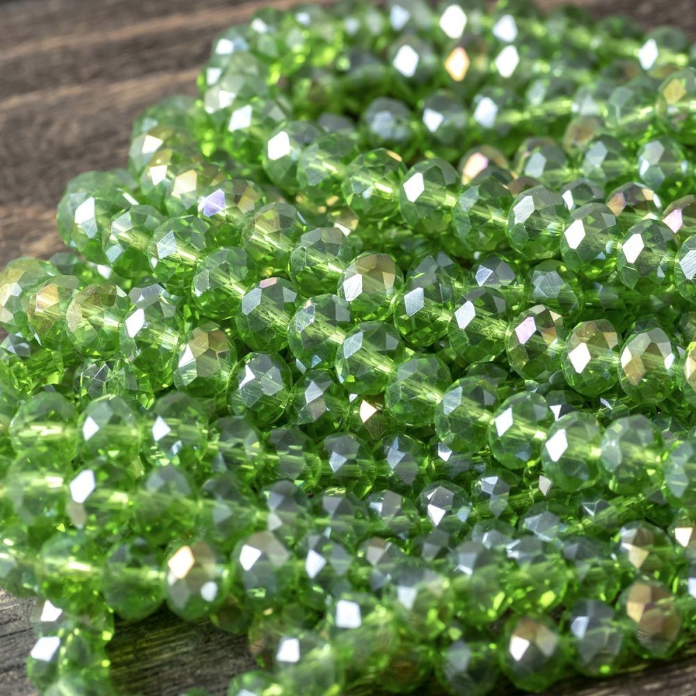 бусина, стекло абакус 8, граненая, цвет светло-зеленый радужный, 8х5 мм