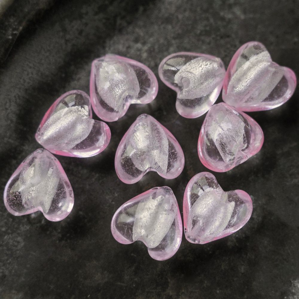 бусина, стекло с фольгой, "сердечко", цвет розовый, 12х12х8 мм