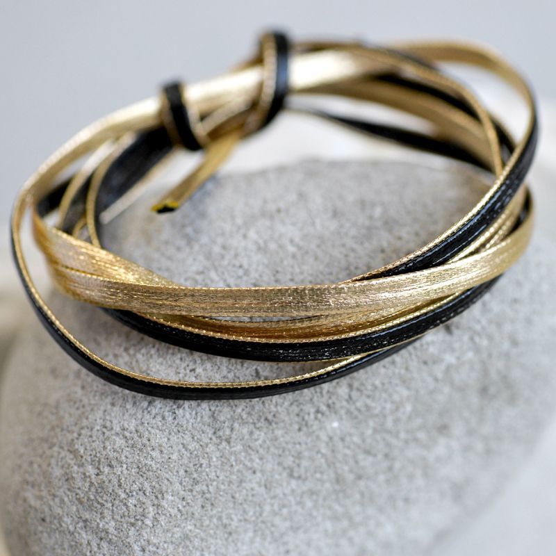 шнур, имитация кожи, плоский, цвет черный/золото, 5х1 мм