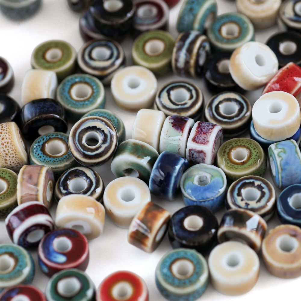 бусина, керамика "антик", диск, цветовой микс, 9.5-10x6 мм