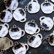 Подвеска металлическая "Кофе-Кэт", эмаль, цвет белый/черный, 20x19x1 мм