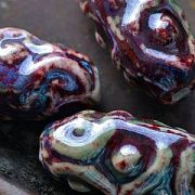 Бусина, керамика "Антик-Дзи", овальная, цвет голубой/красный, 35x17-18x15-16 мм
