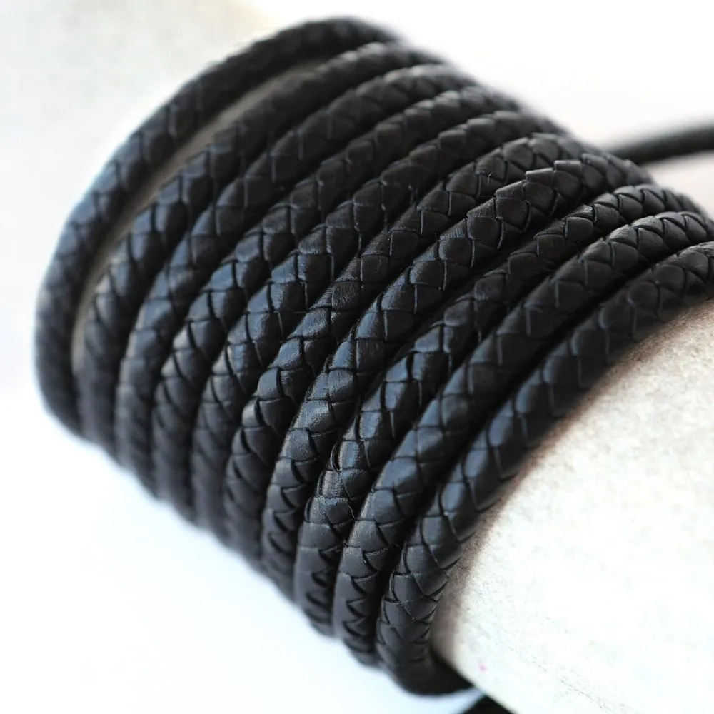 шнур кожаный круглый, плетеный, цвет черный, диаметр 6 мм