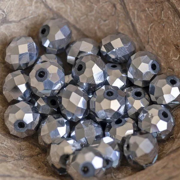 бусина, стекло абакус 10, граненая, цвет платиновый, 10х7.5 мм