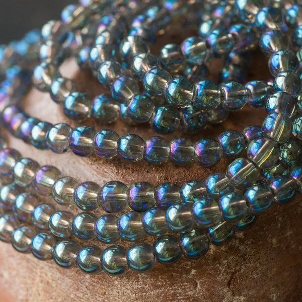 (им)бусина, стекло 6, цвет темно-голубой радужный, 6 мм