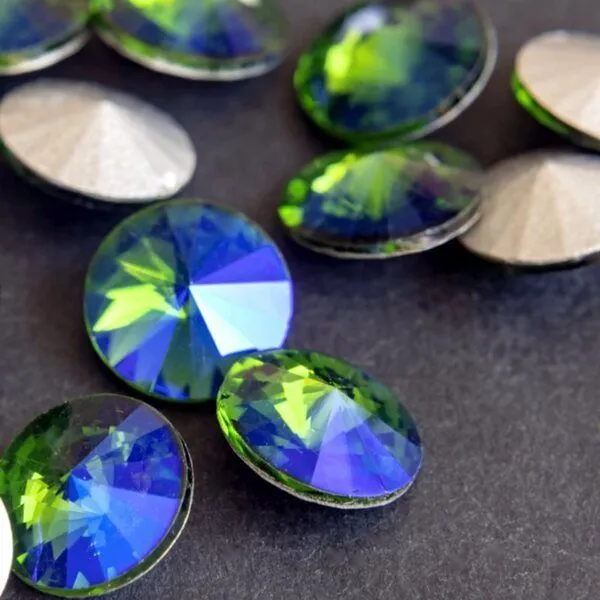 кабошон стекло риволи, цвет сине-зеленый ав, 14х7 мм