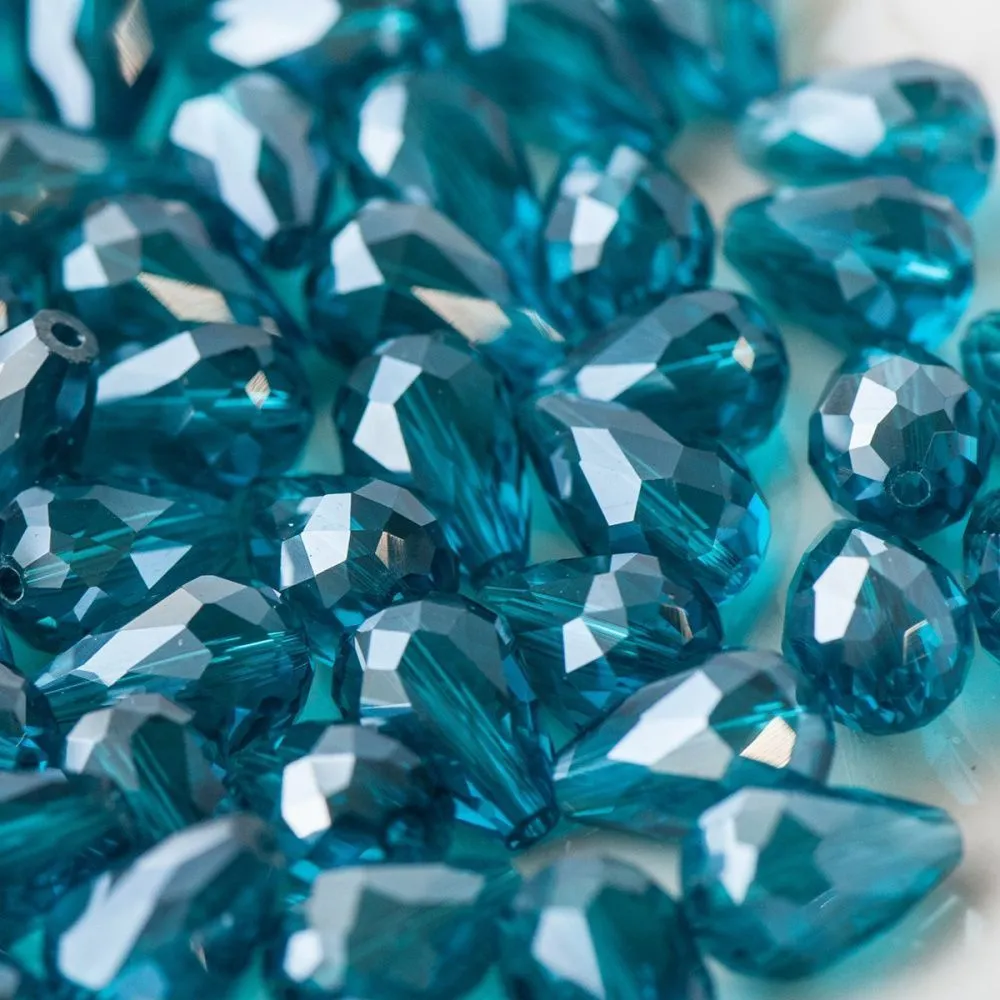 бусина "капля", граненая, стекло, цвет бирюзовый радужный, 15х10 мм