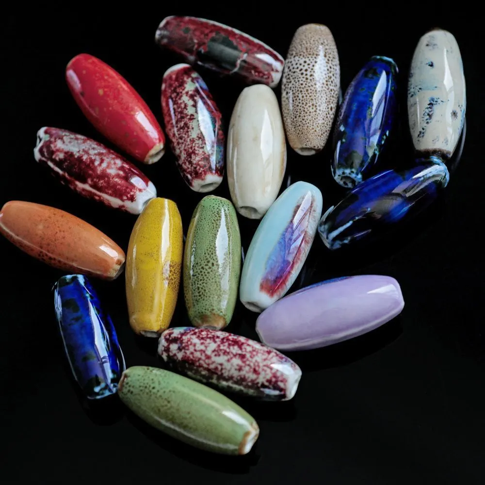 бусина, керамика "рис-антик", цветовой микс, 30-32x12-13.5 мм