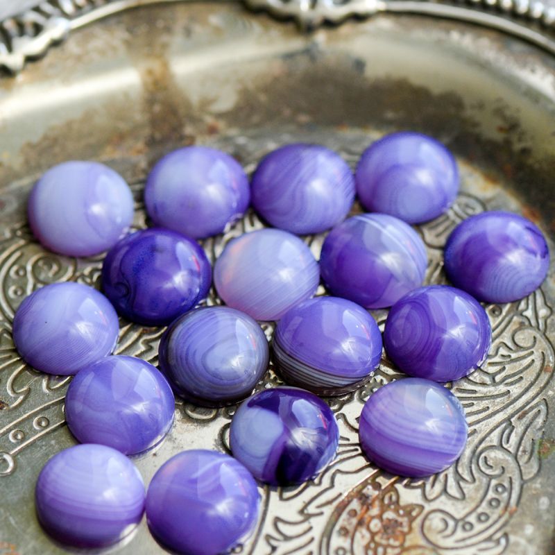 кабошон агат круглый, цвет фиолетовый полосатый, 16x6 мм