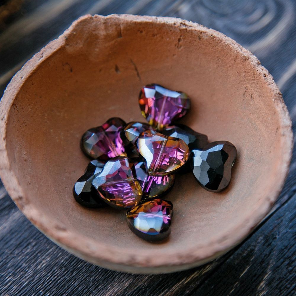 бусина, стекло, "сердце", граненая, цвет фиолетовый радужный, 16.5x19.5x9 мм