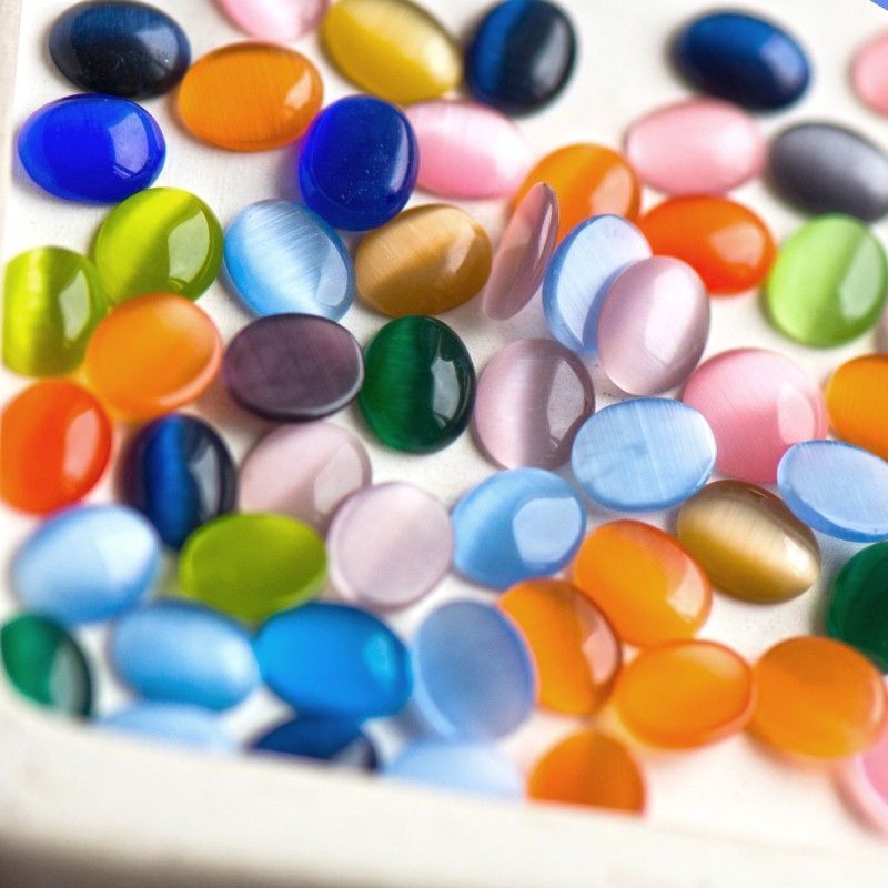 кабошон "кошачий глаз", стекло, цветовой микс, 10х8х3 мм