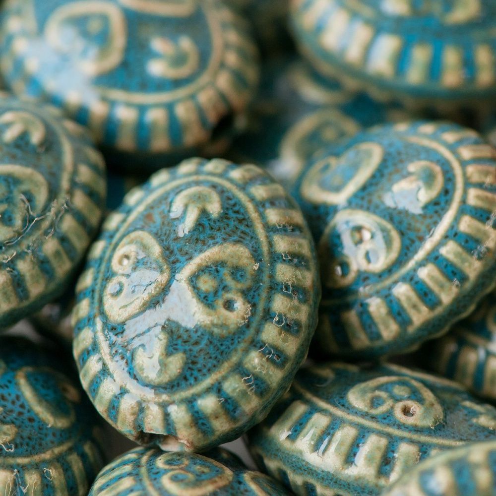 бусина, керамика "антик", овальная, цвет голубой, 20х23х13 мм