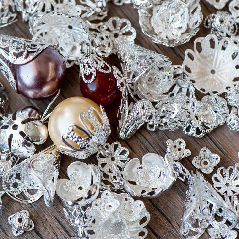 шапочка для бусин "филигрань", цвет серебро, размерный микс (уп 10 г)