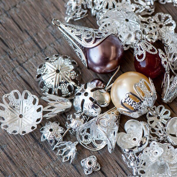 шапочка для бусин "филигрань", цвет серебро, размерный микс (уп 10 г)