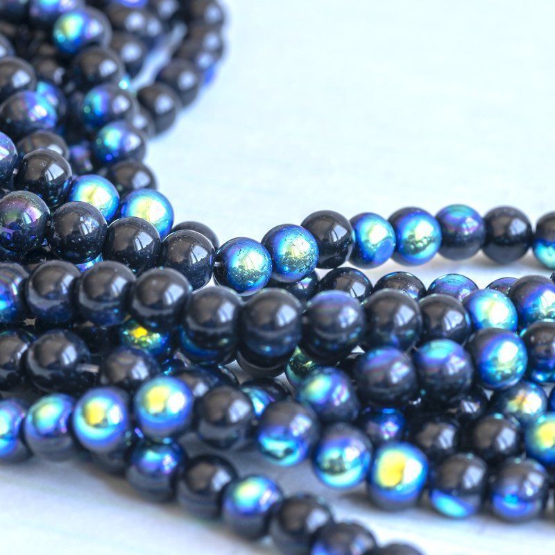 бусина, стекло 8, цвет черный радужный, 8 мм