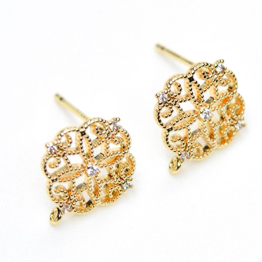 пуссеты "виньет", с цирконием, позолоченные, 13x12 мм 