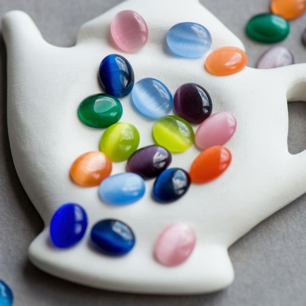 кабошон "кошачий глаз", стекло, цветовой микс, 10х8х3 мм