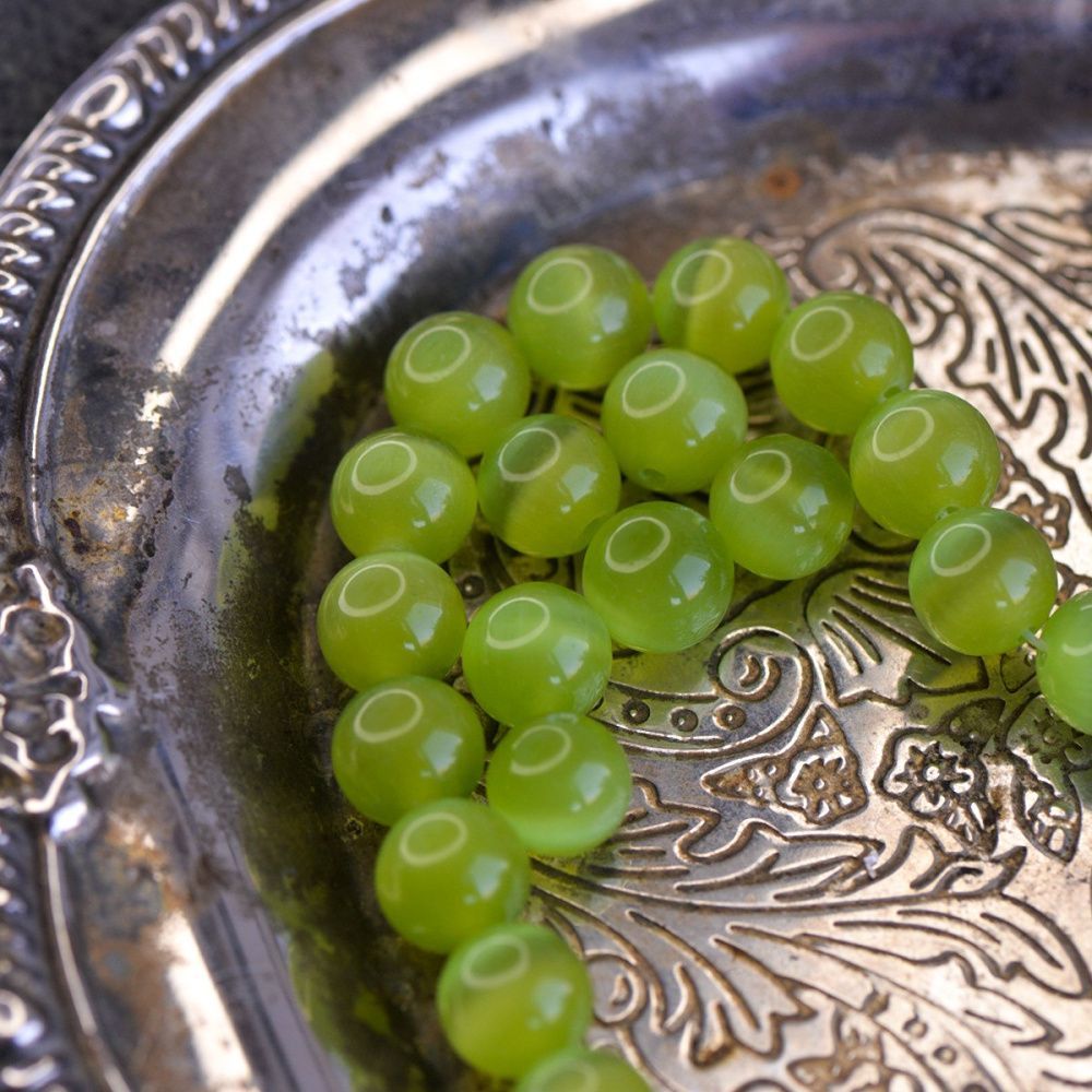 бусина "кошачий глаз", стекло, цвет зеленое яблоко, 10 мм