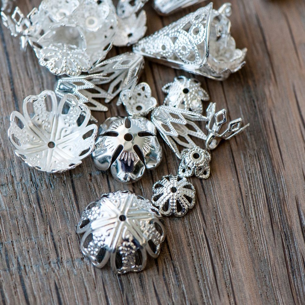 шапочка для бусин "филигрань", цвет серебро, размерный микс (уп 10 г)