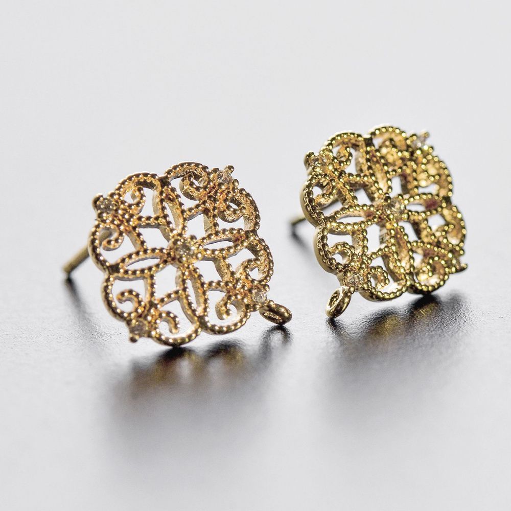 пуссеты "виньет", с цирконием, позолоченные, 13x12 мм 