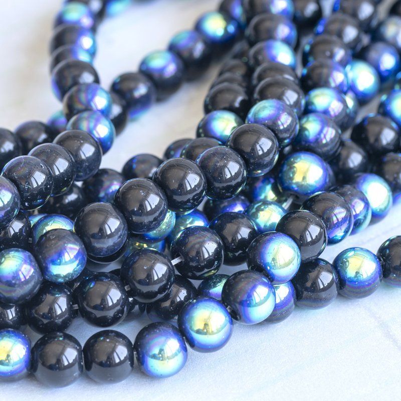 бусина, стекло 8, цвет черный радужный, 8 мм