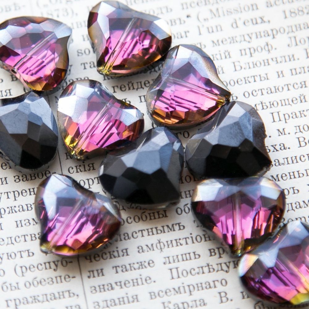 бусина, стекло, "сердце", граненая, цвет фиолетовый радужный, 16.5x19.5x9 мм