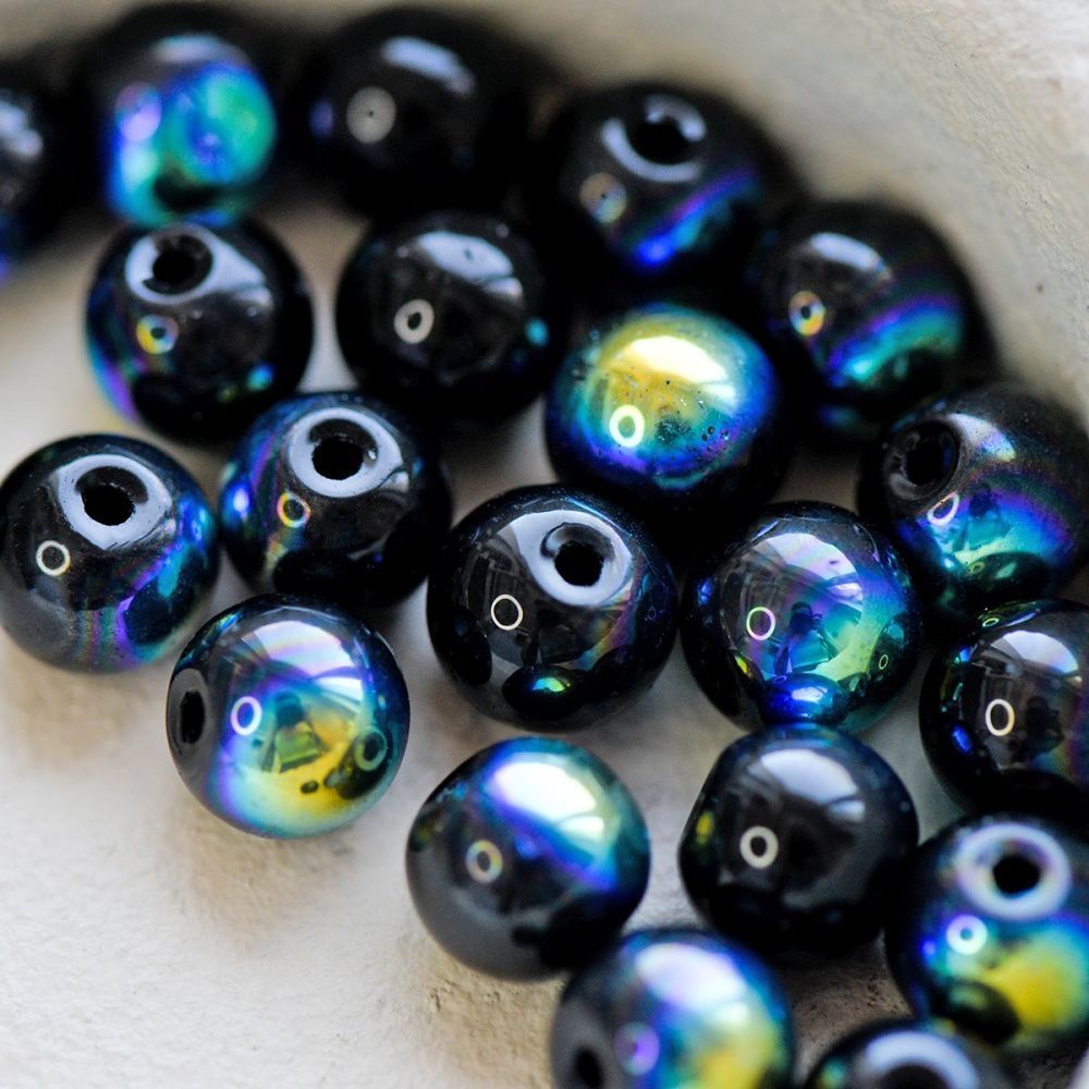 бусина, стекло 8, цвет черный радужный, 8 мм