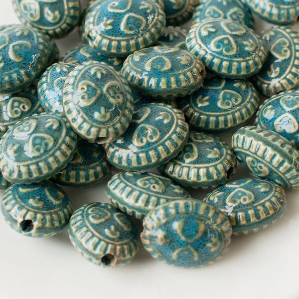 бусина, керамика "антик", овальная, цвет голубой, 20х23х13 мм