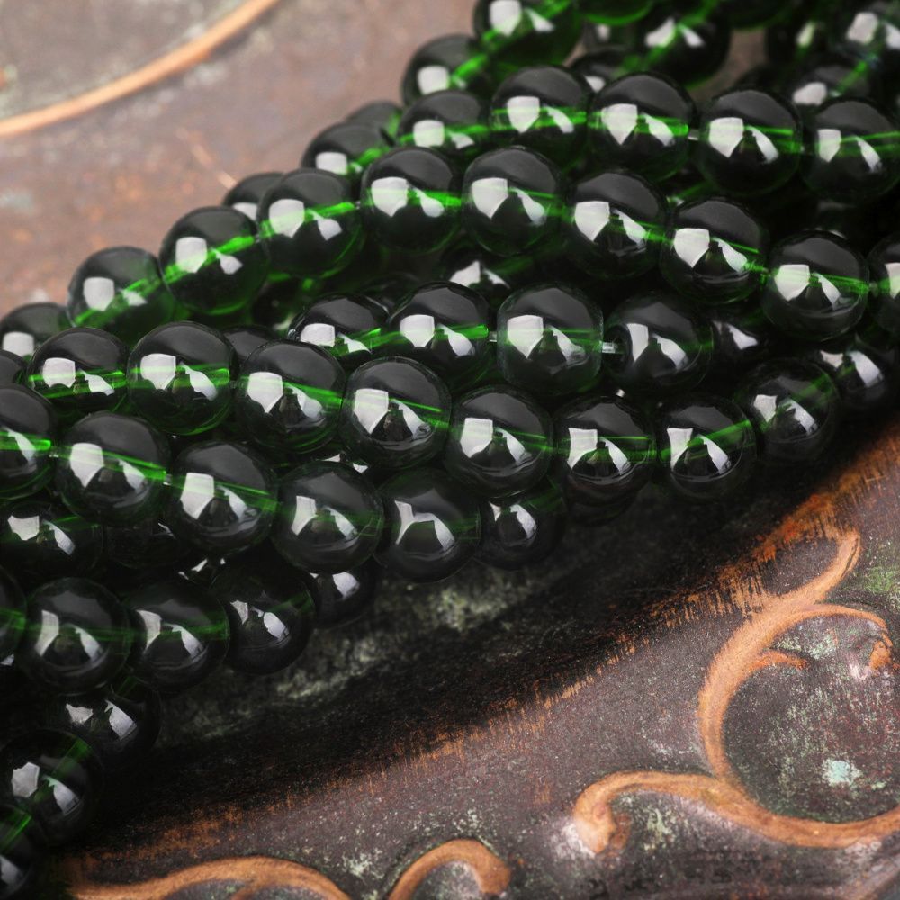 бусина, стекло 8, цвет зеленый темный, 8 мм