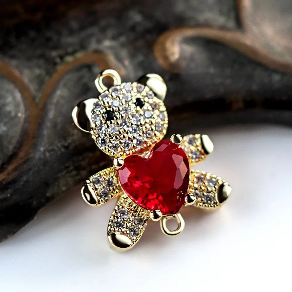 коннектор "мишутка", позолота/циркон красный, 20x16x7 мм