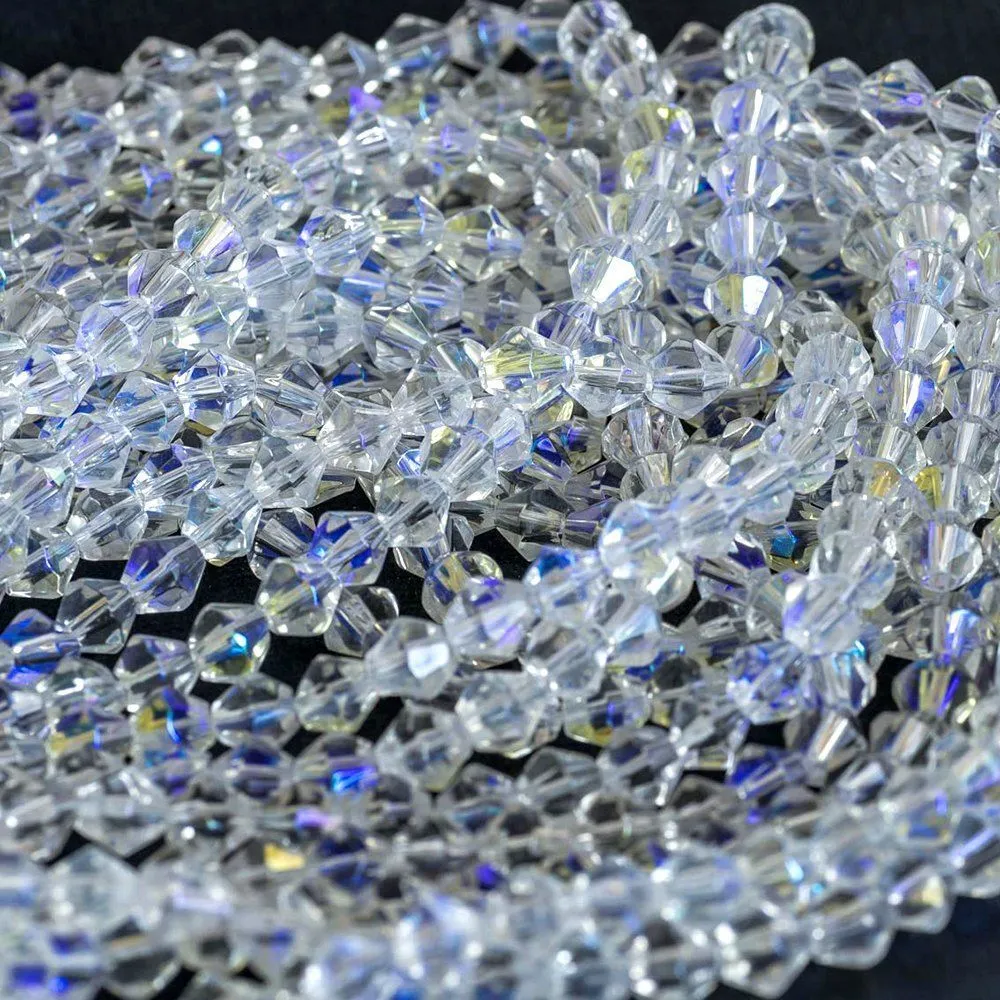 бусина, стекло биконус 6, цвет прозрачный радужный, 6 мм