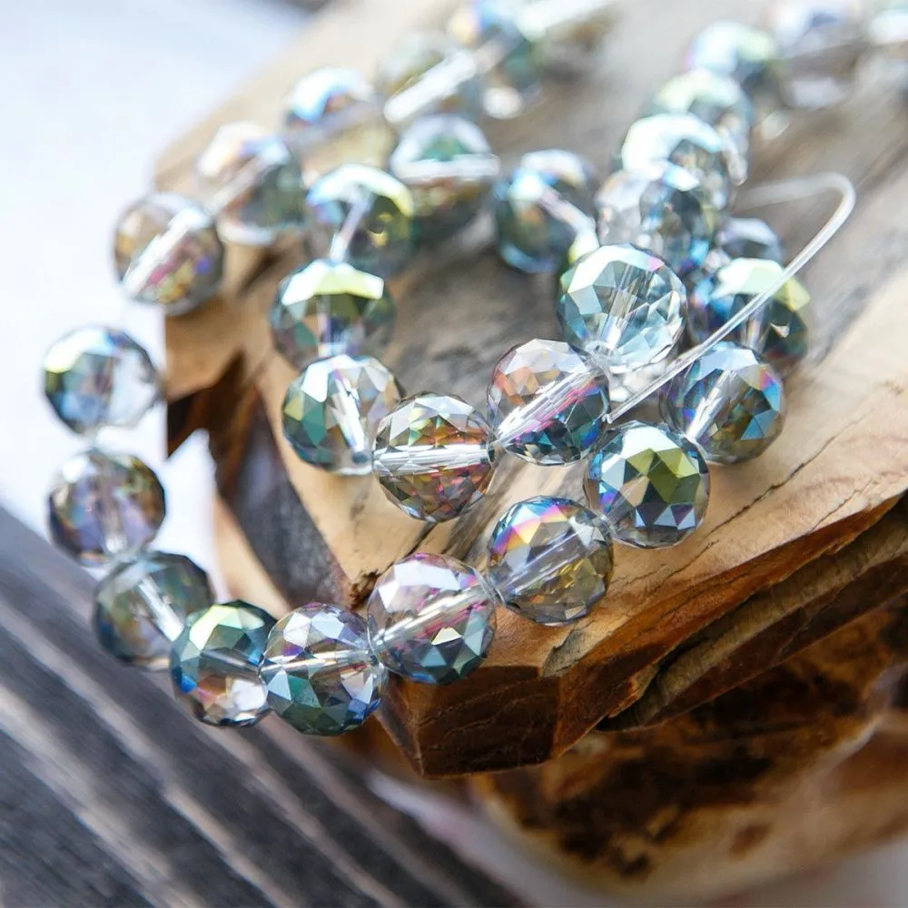 бусина, стекло 14, граненая, цвет прозрачный бензиновый, 14 мм