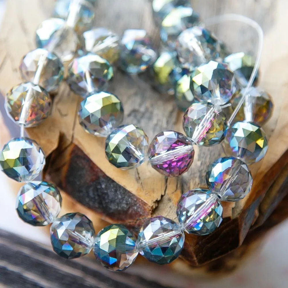 бусина, стекло 14, граненая, цвет прозрачный бензиновый, 14 мм