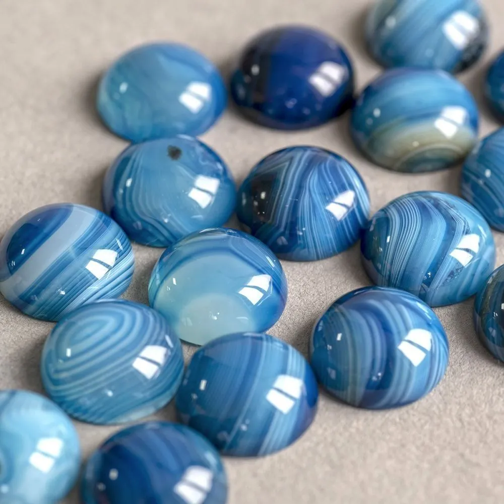 кабошон агат круглый, цвет голубой яркий, 16x6 мм