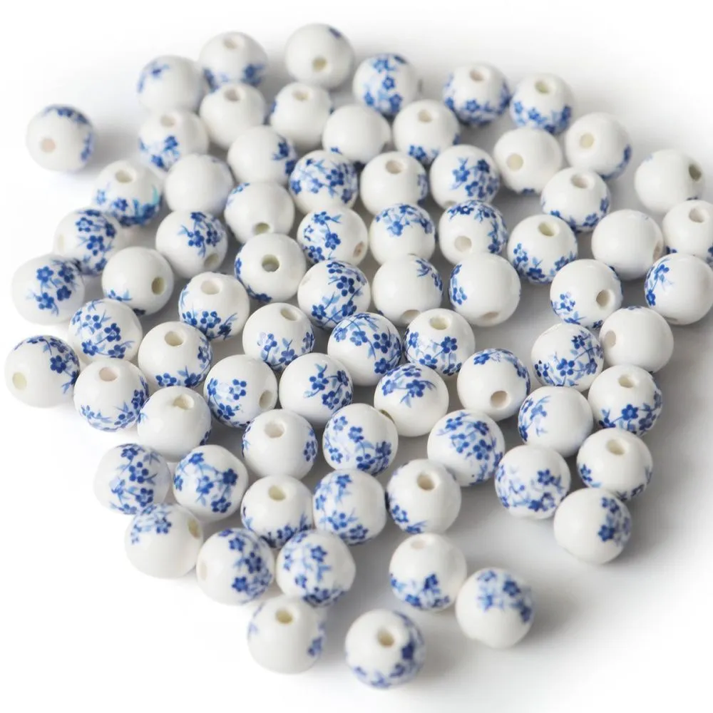 бусина, керамика "сакура", цвет бело-синий, 8 мм