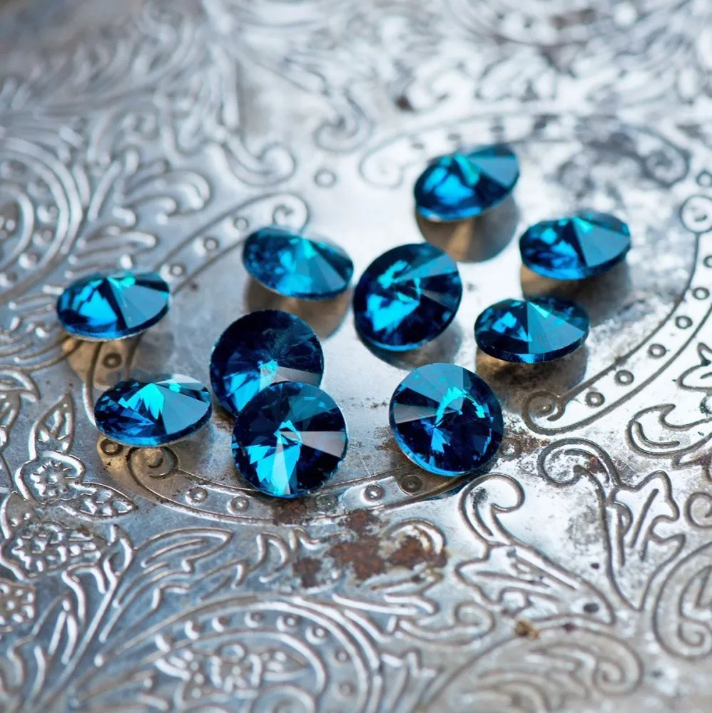 кабошон стекло риволи, цвет capri blue, 12 мм