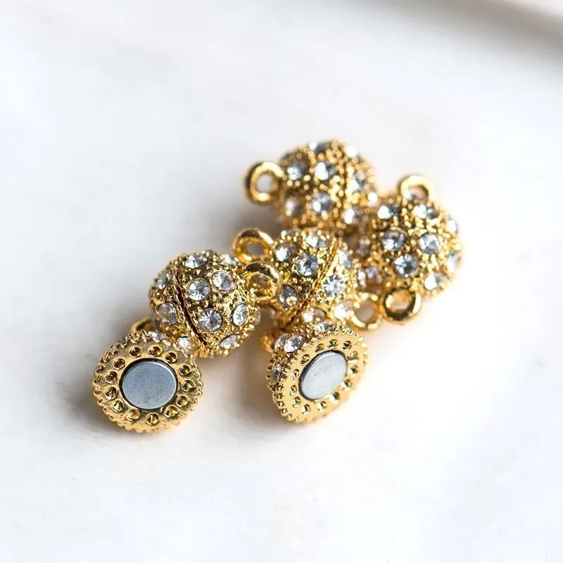 Замочки застежка магнитная "шарик-стар", стразы, позолота, 16x10 мм