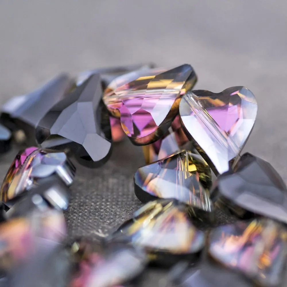 бусина, стекло, "сердечко", граненая, цвет фиолетовый радужный, 17x14x8 мм