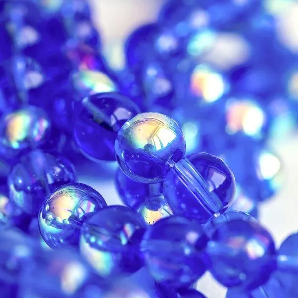 бусина, стекло 8, цвет синий радужный, 8 мм