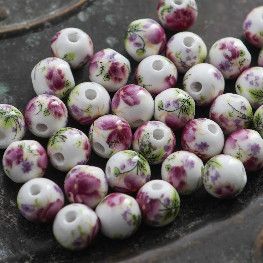 бусина, керамика "букет", цвет белый/малиновый, 10 мм