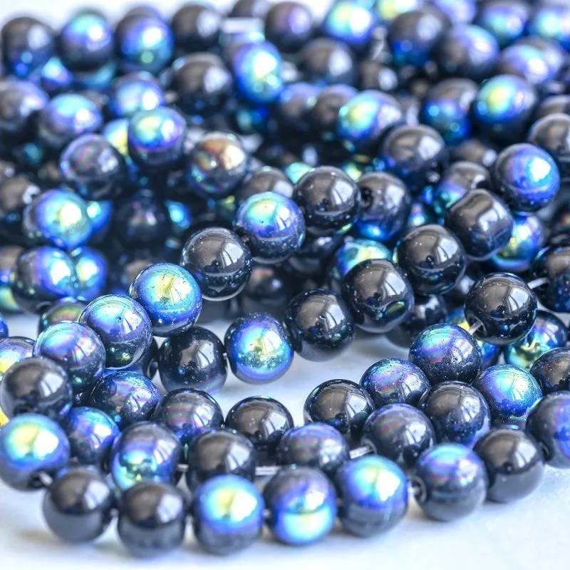 бусина, стекло 8, цвет черный радужный, 8 мм