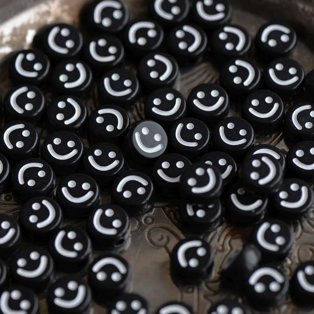 бусина, акрил "смайлик", плоская, черный/белый, 10x4.5 мм