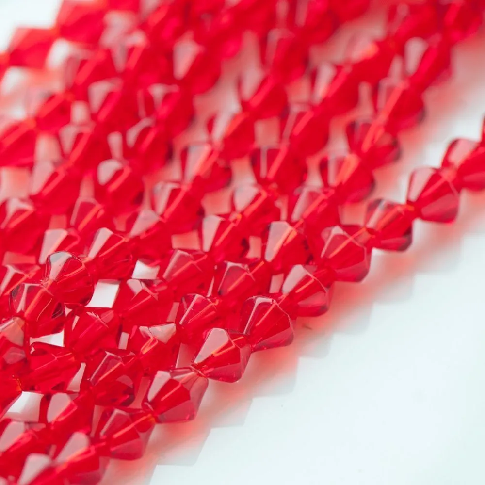 бусина, стекло биконус 6, цвет красный, 6 мм