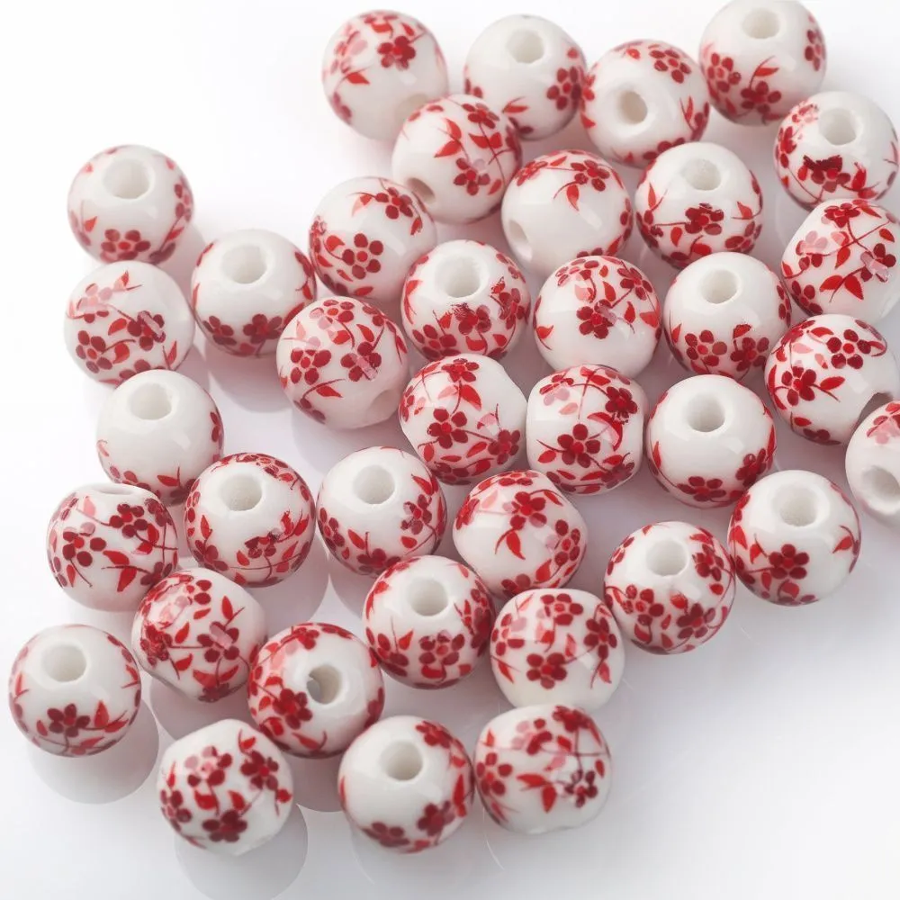 бусина, керамика "сакура", цвет бело-красный, 8 мм